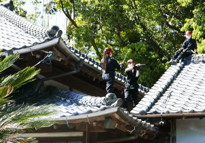 母屋の屋根登り